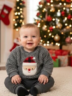 Bloomin Baby Fuzzy Christmas Sweater 0/3 Months Santa Clause‎ Appliqué Soft